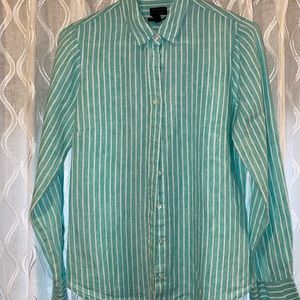 J. Crew Green and White Stripe Linen Shirt